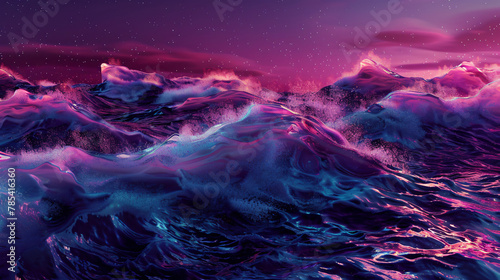 Night fantasy seascape with futuristic waves and foam.