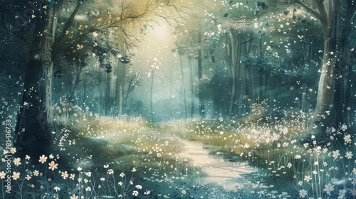 magical spring forest with delicate white snowflake flowers watercolor painting