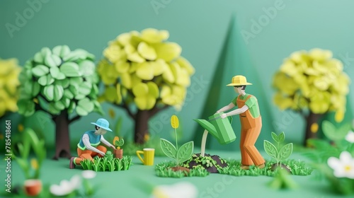 men planting trees and watering them to help increase oxygen reduce global warming save world and life concept environmental conservation 3d illustration