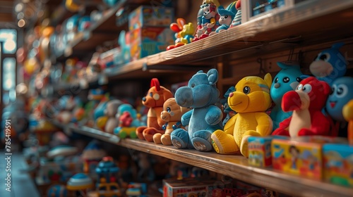 Stuffed toys on a store shelf in city market, collectable souvenirs