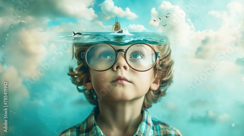 Young boy with glasses imagines a vivid ocean scene atop his head.