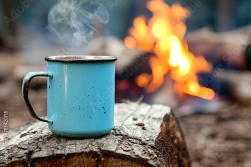 Morning Bliss: Blue Enamel Cup of Coffee Warmed by an Outdoor Campfire