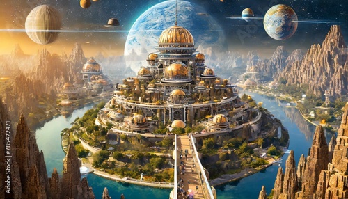 ultra-detailed view of ancient civilization city of many humans floating on a planet, guarded by alien spheres with a message for future generations; narrow walkways on top of many connecting
