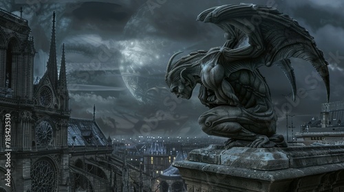 Cyberenhanced gargoyle atop a digital cathedral, gothic scifi, guardian code