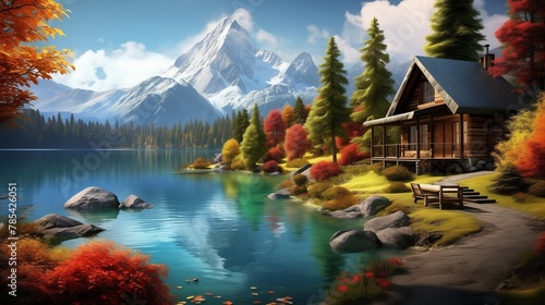A cozy wooden cabin nestled amidst vibrant autumn foliage on the serene shores of a crystal-clear lake, surrounded by a kaleidoscope of colors.