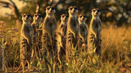 f a group of meerkats standing guard together, alerting each other to potential threats and dangers, showcasing the vigilance and cooperation essential for survival in their habitat