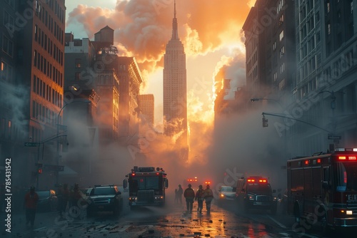 Emergency Services Responding to Extreme Heat Events with Melting Skyscrapers in the Backdrop, Capturing Action and Vivid Storytelling.