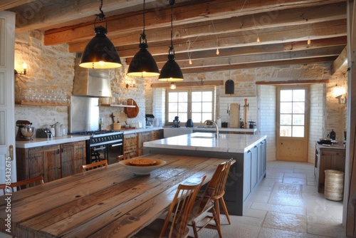 Interior Design Lighting. Modern Farmhouse Kitchen with Spacious Indoor Area