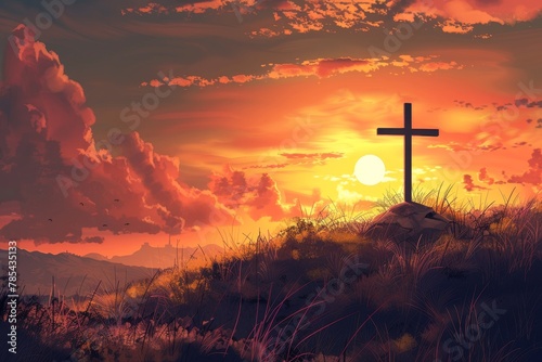 A cross is standing on a hill in a field with a sunset in the background
