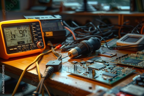 Ultra HD Image Featuring an Electronic Engineer's Workstation with Soldering Iron, Multimeter, and Circuit Boards, Bathed in Natural Light to Mark International Engineers Day