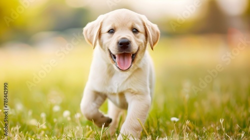 Adorable puppy happily playing in the vibrant green grass, joyful pet enjoying a carefree romp