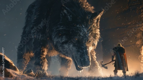 A majestic, big fiery wolf standing amidst a dense forest, its fur blazing with flames that lick the surrounding trees. The forest floor is aglow with the warm light emanating from the wolf.