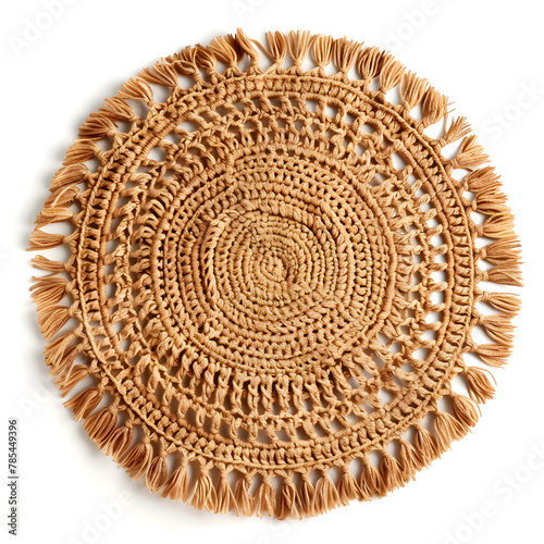 Round handmade crafted crochet raffia placemat with fringes isolated over a white background
