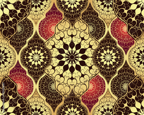 Vector hand drawn seamless pattern with rhombuses with golden mandalas. Islam, Arabic, Indian, ottoman, asian motifs.