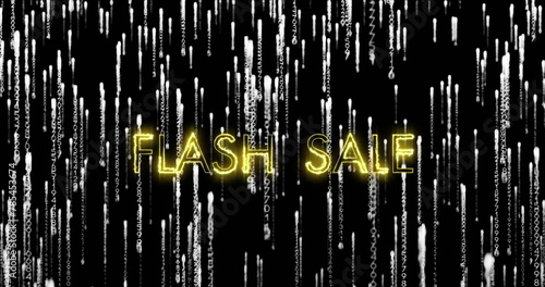 Image of flash sale text over binary matrix code on dark background