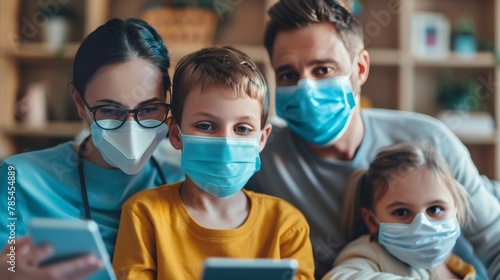 A family at home wearing face masks, gathered around a digital device for a virtual consultation with their doctor, highlighting the adaptation to telemedicine.