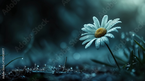 Single daisy with dewdrops on petals in a dark blue moody setting. Dramatic nature and macro photography concept for design and print