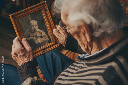 An elderly man holding a photo frame. Happy memories concept.