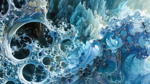 Crystalline entity emerging from a silicon sea, fractal landscape, digital birth