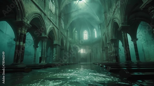 Drowned cathedral with bell sounds underwater, aquatic hymns, submerged faith