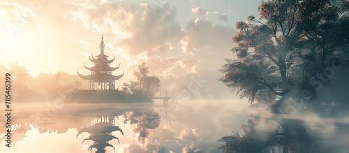 Sunset over the lake, ancient pagoda 