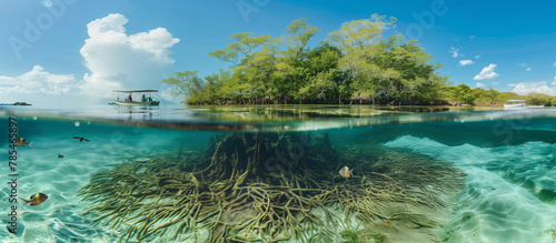 Underwater view of mangrove roots