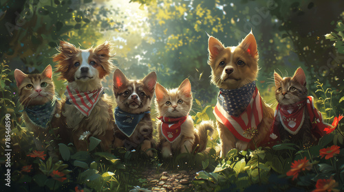 Adorable dogs and cute kittens wearing bandanas with American flag motifs sit in a sun-drenched garden, showcasing a cheerful patriotic spirit.