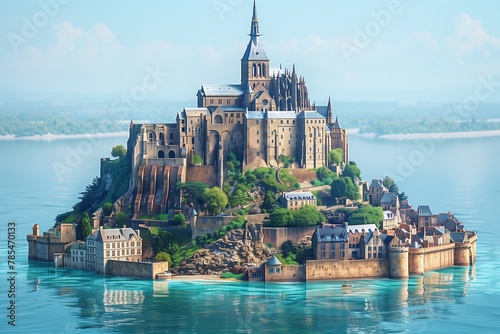 AI-generated vector art of Mont Saint-Michel with a tranquil sea and soft clouds, embodying peacefulness