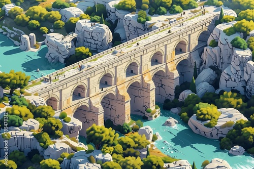 An isometric depiction of Pont du Gard, highlighted by the artistry of Roman design, in this AI-generated vector graphic. AI Generated.