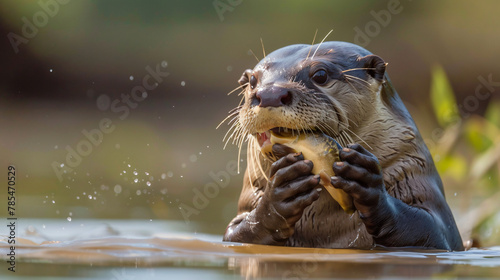 South American Giant River Otter Eating Fish in the Wa