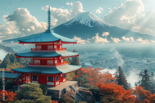 Vibrant vector illustration showcasing the Chureito Pagoda with iconic Mt. Fuji backdrop, reflecting the serene beauty of Japan's landscapes - AI Generated.