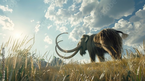 A large woolly mammoth in the grassland first person