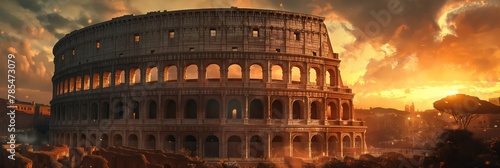 The historical Colosseum captured in the warm, golden light of the setting sun, highlighting its timeless grandeur