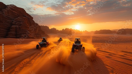 In a desert landscape dune buggies kick up clouds of sand as they race across vast expanses of dunes