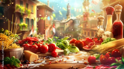 Colorful italian food background: fresh ingredients for authentic cuisine - pasta, tomatoes, basil, olive oil, and more