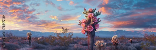 The desert comes alive with colors during twilight, showcasing the striking silhouettes of various cacti against the dramatic sky