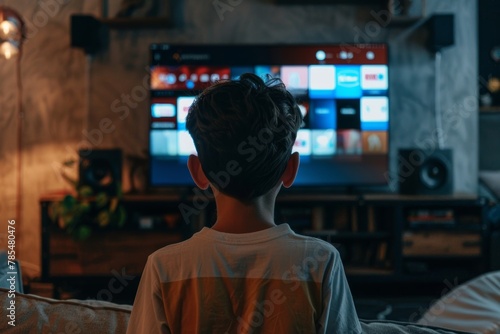 App preview over shoulder of a teen boy in front of an smart-tv with a completely black screen