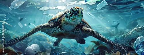 Une tortue de mer nageant parmi des bouteilles en plastique et d'autres déchets dans l'océan, mettant en évidence la pollution de l'environnement.
