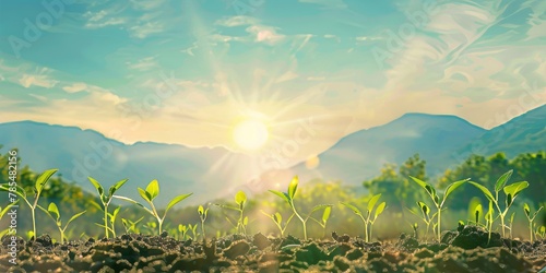 Small green plants growing in the soil with a sunrise or sunset in the background