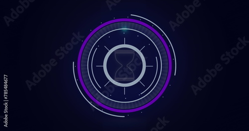 Image of round scanner and statistical data processing against purple gradient background