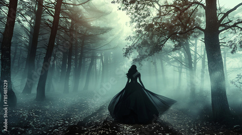 The dark queen of elves walks in a misty forest. A cre