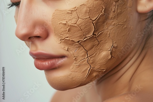 dry cracked skin face under the guise of clay drought of the earth. Skin care concept.