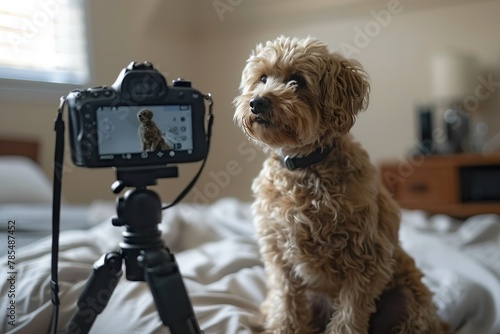  A savvy canine influencer poses thoughtfully for the camera, with its image previewed on the screen, demonstrating how pets are the new stars of digital content creation, pet influencer, petfluencer 