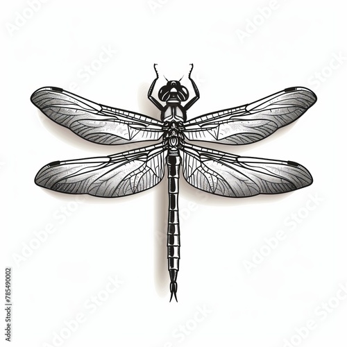 A black and white illustration of a dragonfly with intricate details.