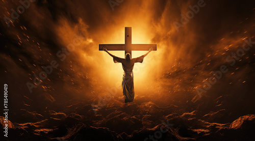 Jesus Christ on cross over meadow sunset background. Silhouette of Jesus with Cross over calvary sunset concept for religion, worship, Christmas, Good Friday, Easter, Thanksgiving Prayer.
