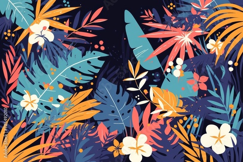 A vibrant vector illustration of tropical plants and flowers, showcasing the colorful leaves and exotic blooms in an abstract composition. 