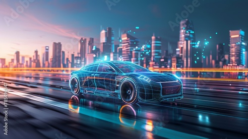 Autonomous electric vehicle with illuminated details traverses a digitally-enhanced smart cityscape under twilight hues demonstrating advanced technology and sustainability