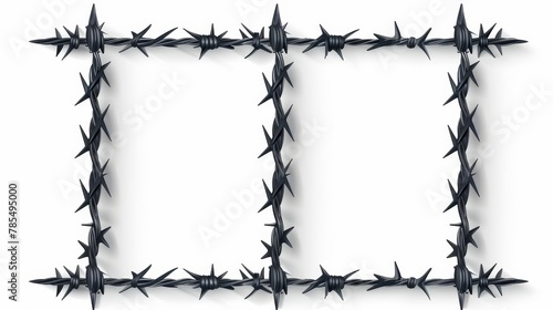 A realistic modern illustration of metal steel barbed wire with thorns or spikes, isolated on a white background, with shadows. It can be used as a fence or barrier element to deter looters.