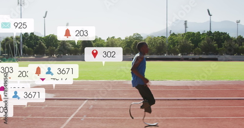 Image of multiple notification bars, african american athlete running on race track