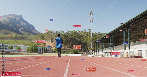 Image of notification bars over african american athlete practicing running on race track